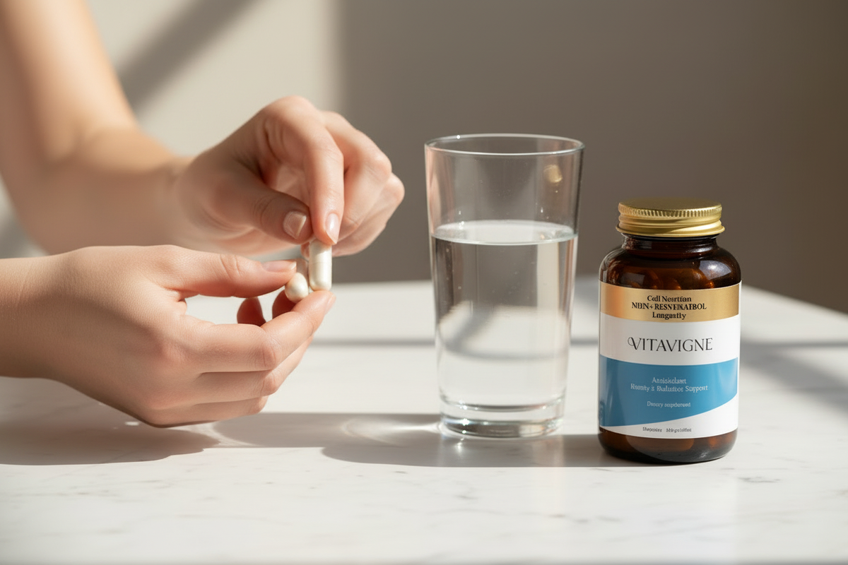 Mesada Vitavigne con pastillas y vaso de agua