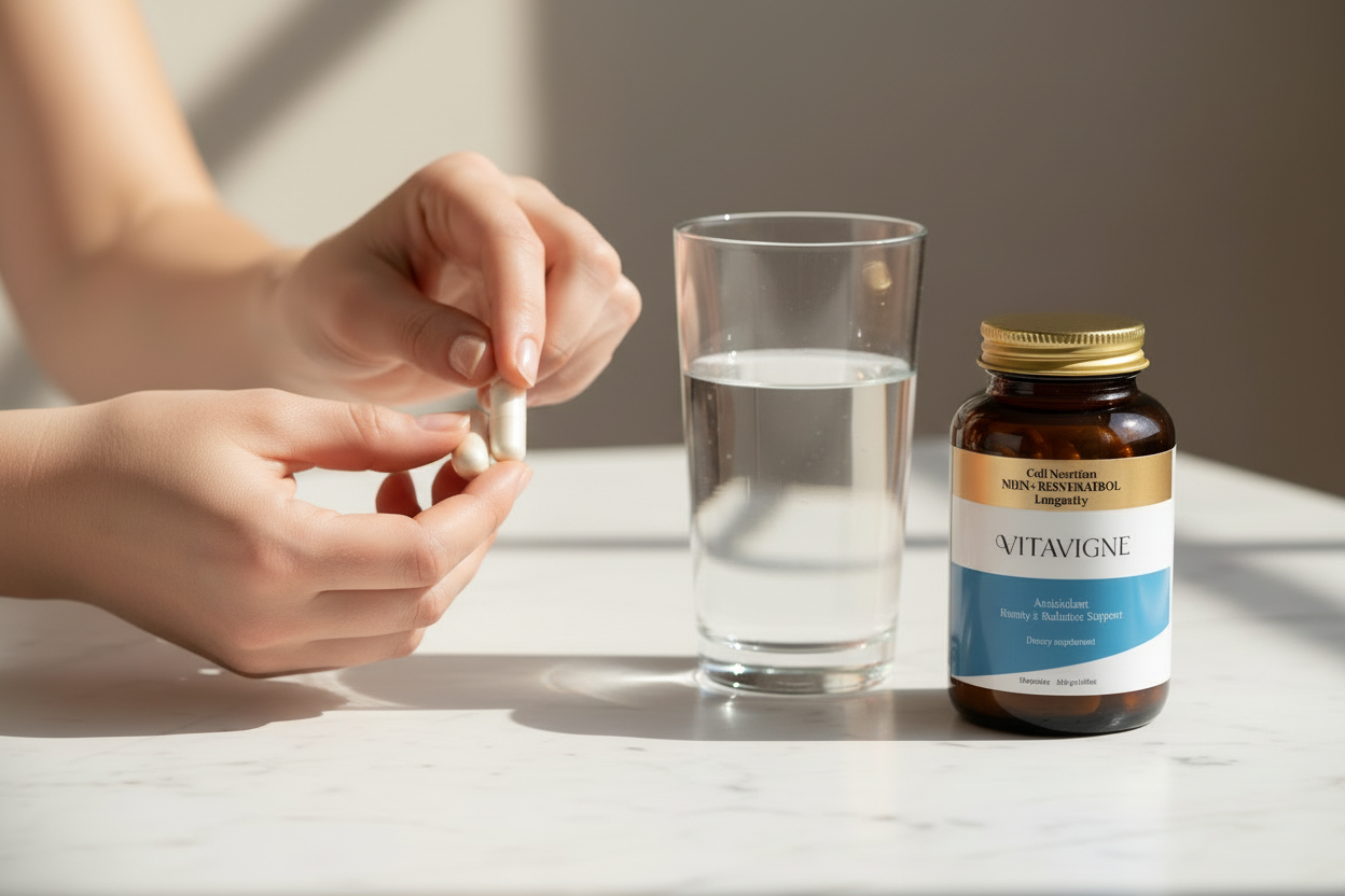 Manos de mujer sosteniendo dos cápsulas VitaVigne junto a un vaso de agua y el frasco NMN + Resveratrol sobre mesada blanca con luz natural